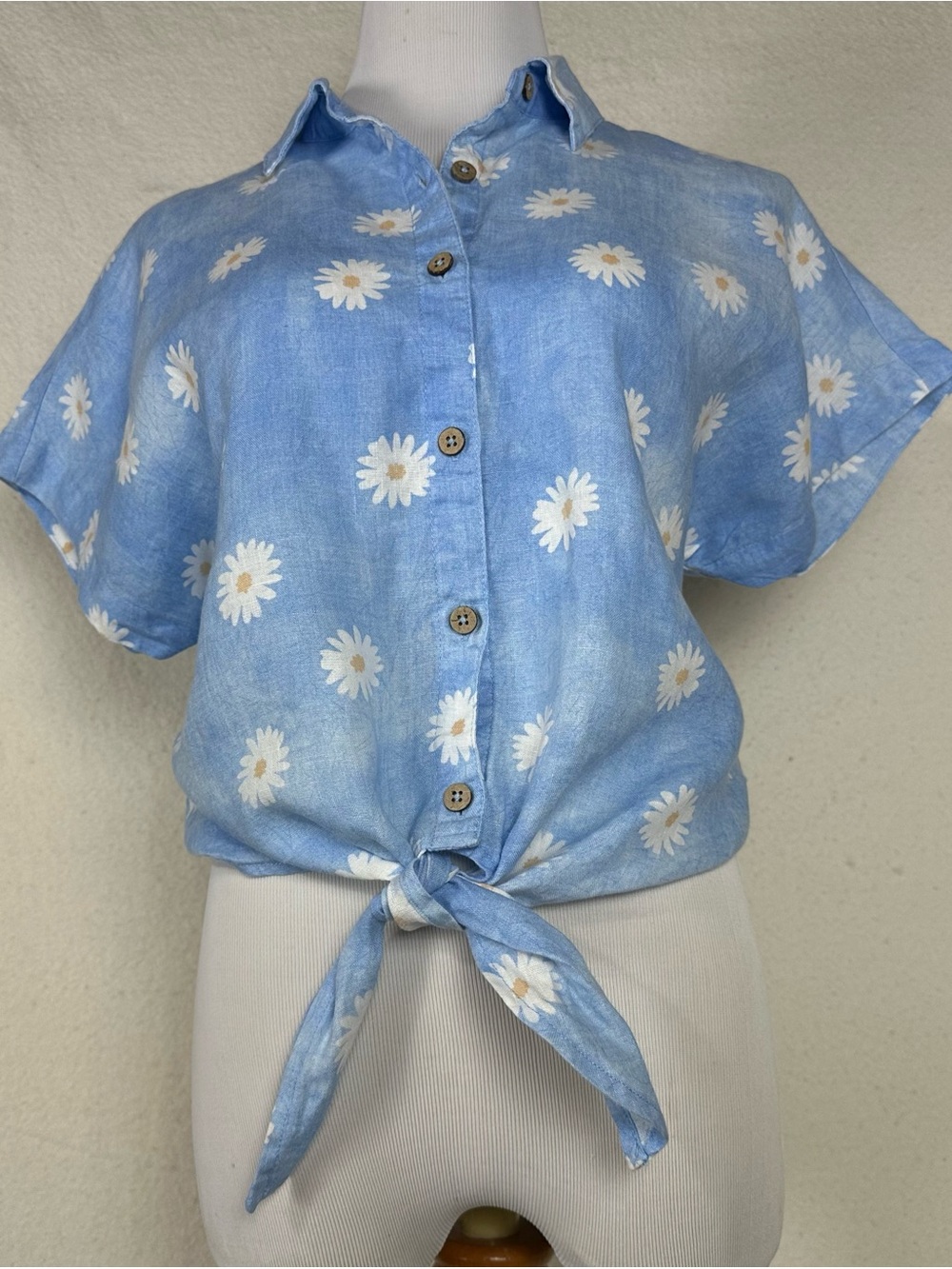 Vintage Inspired Cottage Core Linen Tie Front Shirt SZ M